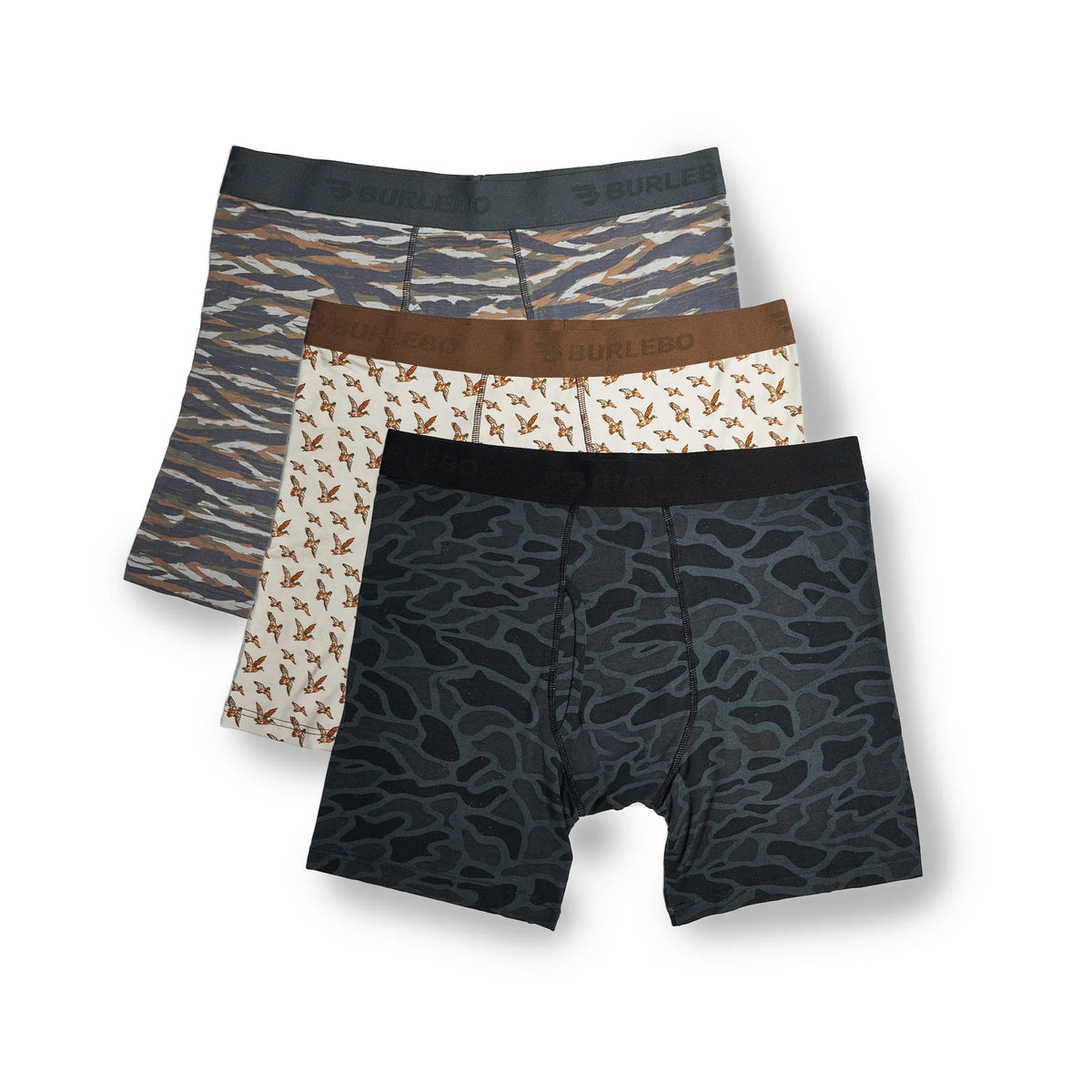 BB-FA26 Boxer Briefs - Black Camo, Mallards Flying In, & Tiger Stripe Camo Wetland