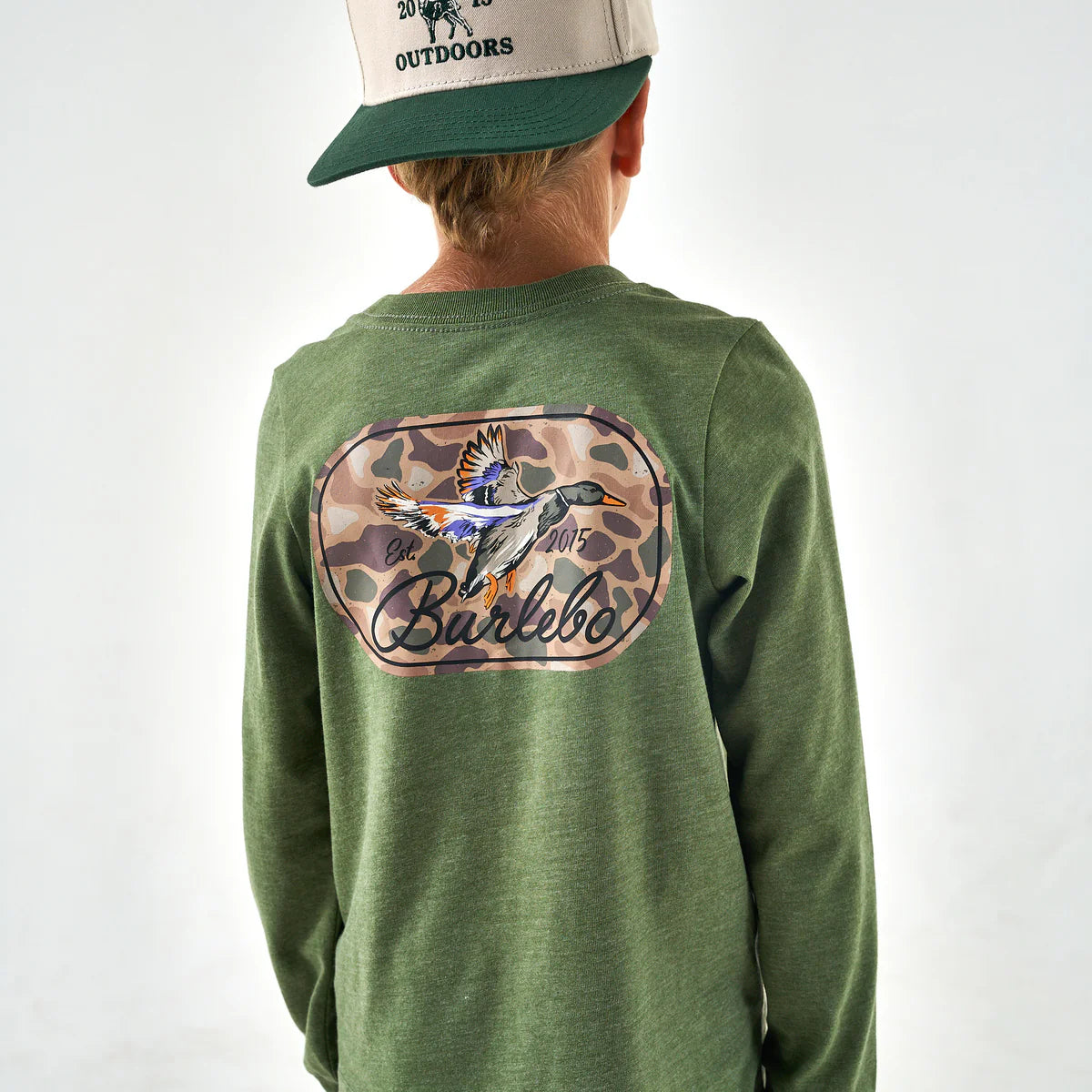 Youth Long Sleeve Tee - Ducks Flying In - Heather Olive Y-LST-DFI-HO