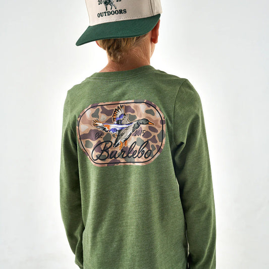 Youth Long Sleeve Tee - Ducks Flying In - Heather Olive  Y-LST-DFI-HO
